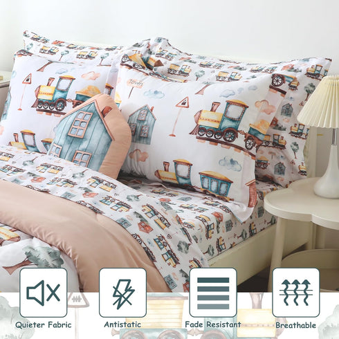 Sets 6 Set Country Set, Mooreeke Kids Twin Comforter for Boys Pieces Train Bedding for Teens Microfiber Train Town Kids
