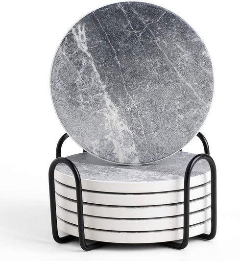 Absorbent Coasters for Drinks - LIFVER Ceramic Coasters Set of 6 with Cork Base, Grey