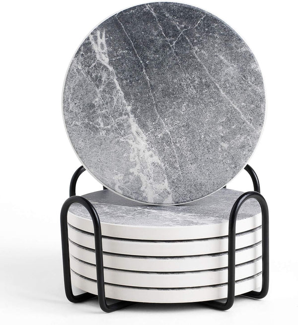 Absorbent Coasters for Drinks - LIFVER Ceramic Coasters Set of 6 with Cork Base, Grey