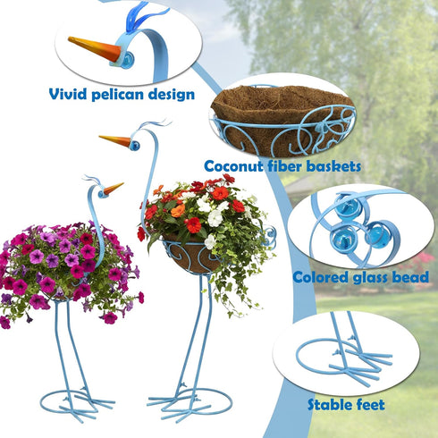 2 Sets J-Fly Pelican Metal Flowers Plant Holders Stand with Coconut Pots, Plants Stand Indoor Flower Pots Outdoor, Room