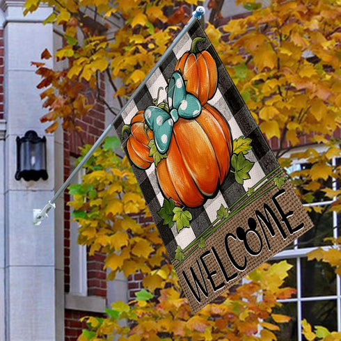 Welcome Fall Pumpkin Decorative House Flag, Autumn Thanksgiving Buffalo Plaid Check Garden Yard Decor