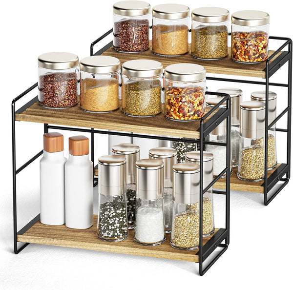 SRIWATANA Bathroom Countertop Organizer Set of 2, Kitchen Counter Shelf Spice Rack for Desktop Storage, Large Wood