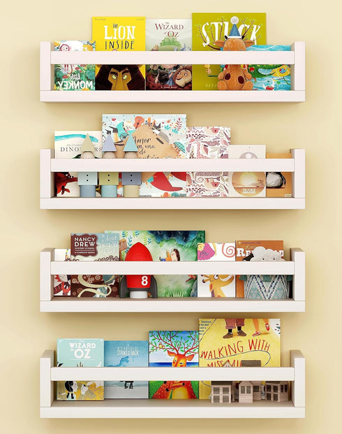 Onlysky Set of 4 Wall-Mounted Kid's Bookshelf - White Floating Nursery Book Shelves