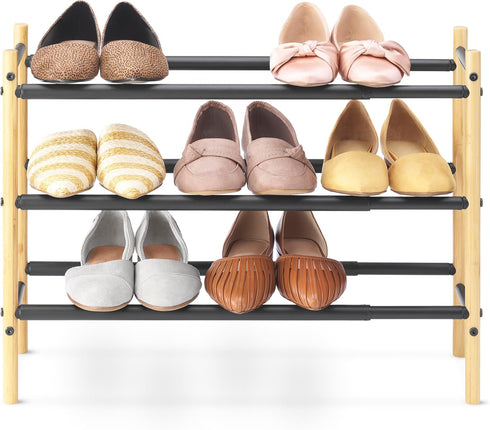 3-Tier 12 Whitmor Expandable Shoe Rack - Store up to pairs of shoes - Bamboo & Matte Black