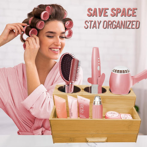 Hair Tool Storage Organizer - Bamboo Hair Organizer for Bathroom, Kitchen, and Makeup, Perfect for Blow Dryer &