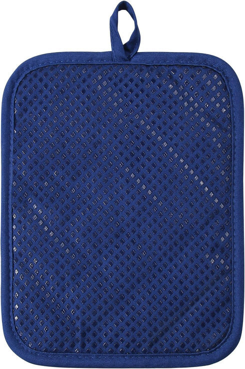 100% Cotton with Silicone Kitchen Pot Holder, Heat Resistant Coaster Potholder Oven Mitts Set of 2 Blue