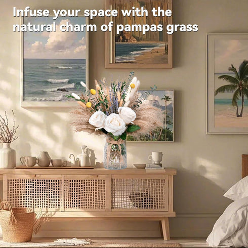 RoseTalk Faux Flower Arrangement with Vase, Center Pieces Decoration for Table, Pampas Grass Floral Dcor, Thanksgiving