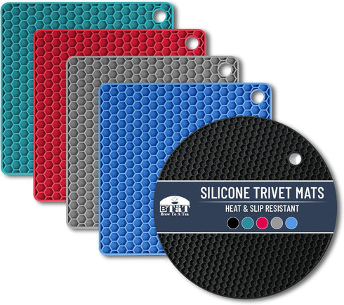 BTaT Silicone Trivet Mats, 2 Pack, Black, Round Silicone Hot Pads for Kitchen, Trivets for Hot Pots and Pans