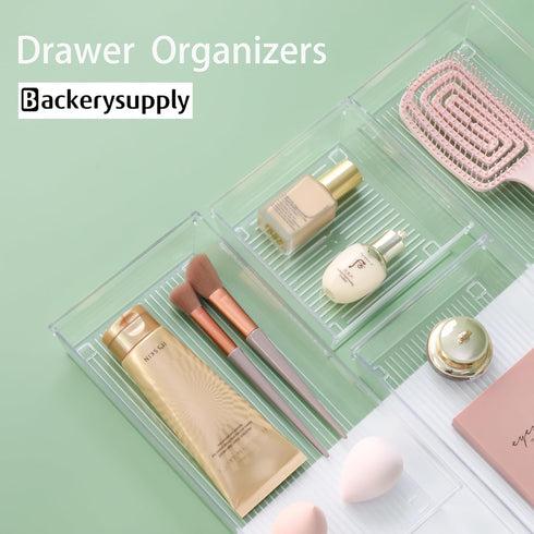 Backerysupply 4 Pack Storage Bins - Clear Plastic Organizers for Bathroom, Makeup, Vanity, Kitchen Utensils