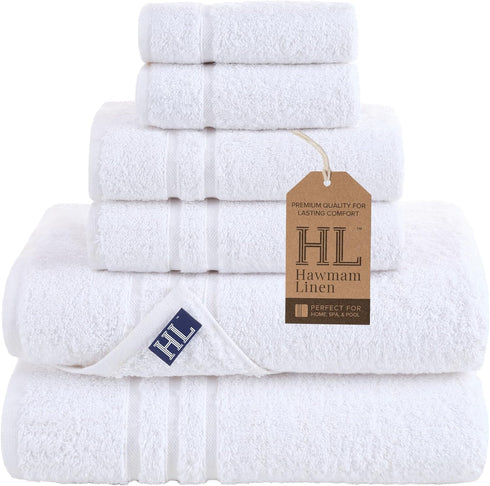 Hawmam Linen White 6 Piece Bath Towels Set for Bathroom Original Turkish