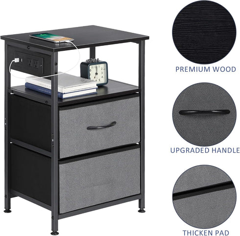 2 NANANARDOSO Nightstand with Charging Station, Small Bedside Table with Fabric Drawers and Storage Shelf, Rustic End