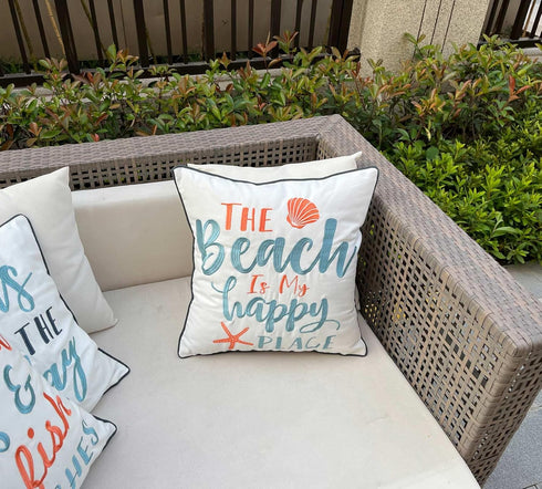 Embroidered The Beach is My Happy Place Throw Pillow Cover, Square 18 inches Decorative Canvas Cover with Pattern