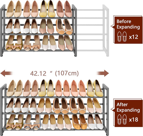 3-Tier Closet FAVOOSTY Expandable Shoe Rack, Adjustable Shoe Shelf Storage Organizer Space Saving Metal Free Standing