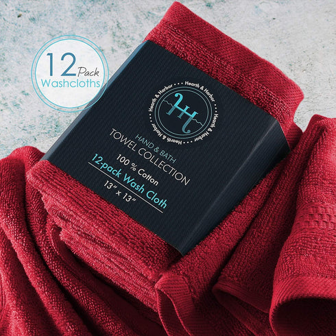 12 Pack 100% 13"x13" Hearth & Harbor Washcloths - Cotton Washcloth for Body and face, High Absorbent and Soft Body Wash