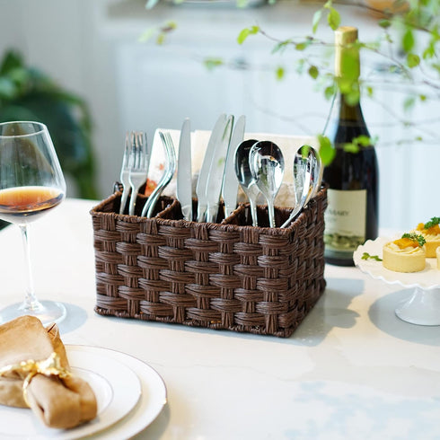 GRANNY SAYS Wicker Utensil Holder Organizer with Handle, Flatware Caddy for Kitchen, Silverware Holder Condiment Organizer, Holds Forks, Knives, Spoons, Napkins and Other Utensils by GRANNY SAYS
