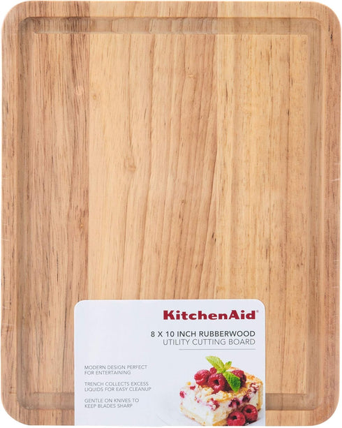 KitchenAid Classic Rubberwood Cutting Board, 8"x10" with Perimeter Trench, Reversible Chopping Board