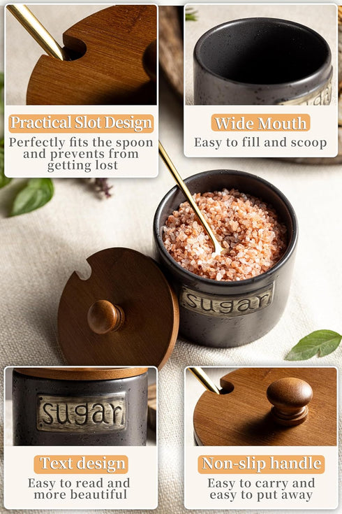 15 Oz LYEOBOH Black Sugar Bowl with Lid and Spoon, Farmhouse Sugar Container Holder for Coffee Bar Accessories, Food