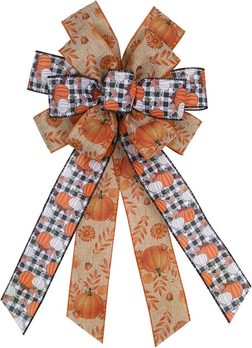 Large Fall Pumpkin Bow for Wreath, White Black Buffalo Plaid for Indoor Outdoor Decoration