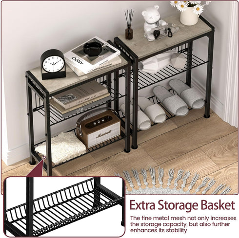 3-Tier Narrow Side Table for Small Space, End Table with Magazine Holder, Slim Nightstand with Wire Shelf, Skinny