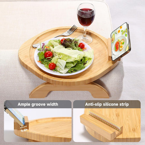360 Couch Arm Tray Table, Bamboo Clip-on Couch Arm Tray with Phone Holder, Foldable Sofa Armrest Table for Eating