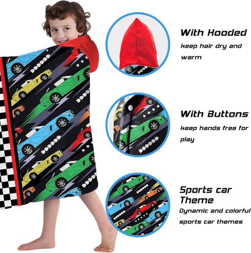 HSUIOFE 100% 35x60 Inch 3-12-Racing Hooded Towels for Kids -Toddler Beach Towel- Super Absorbent & Quick Dry Cotton