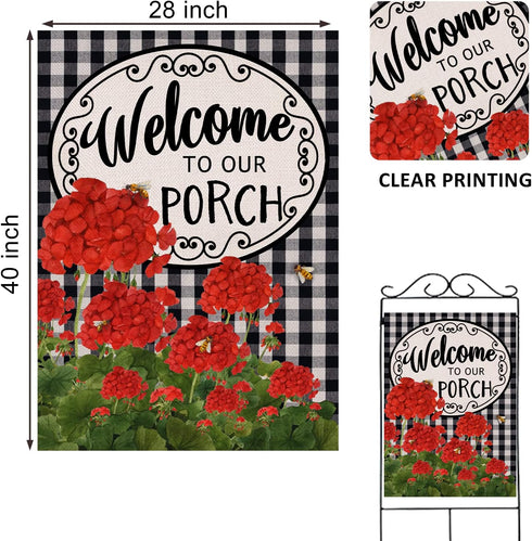 Home Decorative Welcome to Our Porch Geranium Spring Summer House Flag, Flower Black White Buffalo Plaid Check Garden Yard Outside Decoration, Fall Autumn Farmhouse Outdoor Large Decor 28x40