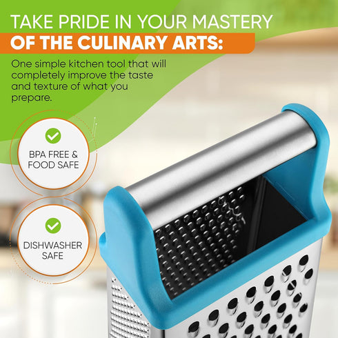 Spring Chef Handheld Stainless Steel XL Parmesan Cheese Grater with Handle - 4 Sided Metal Box Grater for Kitchen