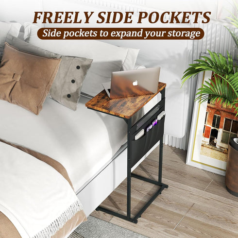 ZER-007Br C Shaped End Table, Small Side Table with Storage Bag for Couch, Sofa Table with Metal Frame for Living Room