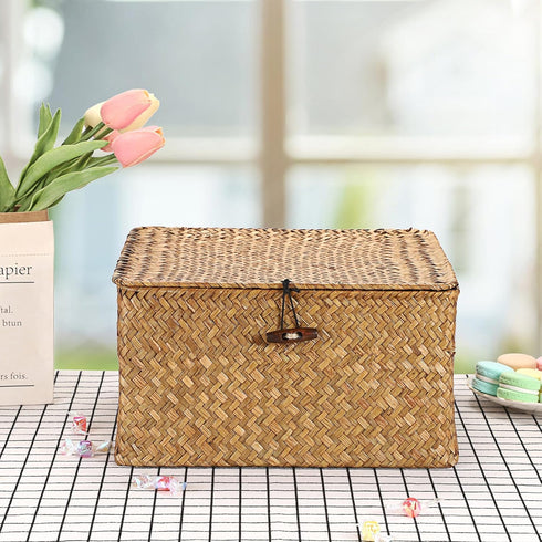 Hipiwe Handwoven Seagrass Basket Bin Square Household Storage Container with Lid Wicker Shelf Basket Bin for Bookshelf