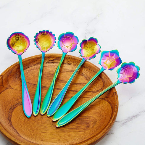 8 Pieces Flower Spoon Coffee Teaspoon Set Stainless Steel Tableware Creative Sugar Spoon Tea Spoon Stir Bar Spoon Stirring Spoon, 8 Different Patterns (Rainbow Color)