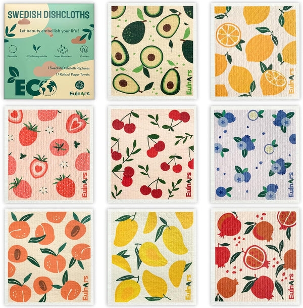 Eulnars 8 Pack Swedish Dishcloths for Kitchen, Fruit Swedish Dishcloths, Reusable Paper