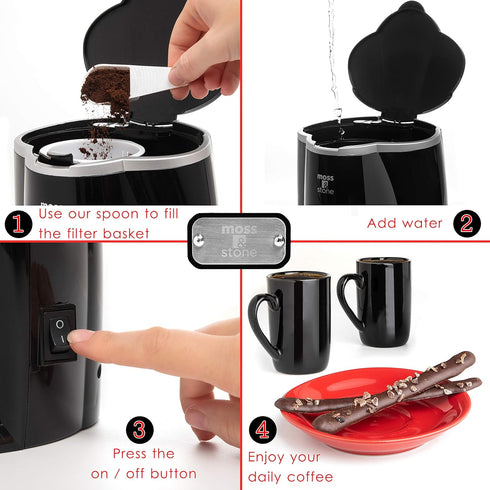 Moss & Stone Mini Drip Coffee Maker with 5 oz Mugs, Small Coffee Pot with 2 Coffee Cups