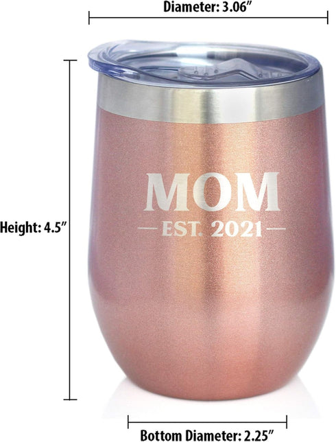 Bevvee Mom Est 2021 Wine Tumbler with Sliding Lid - New Mother Stemless Stainless Steel Insulated Mug - Rose Gold