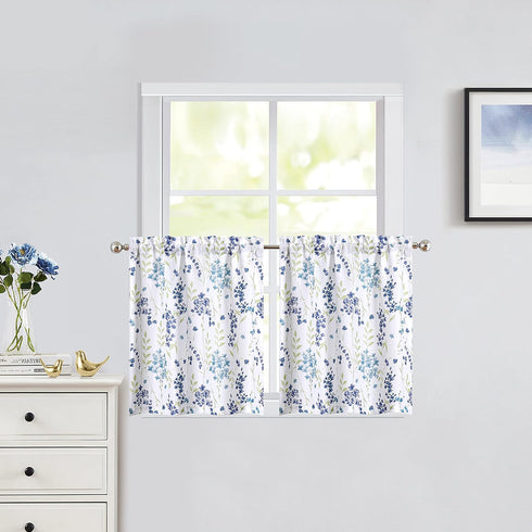 Blue Floral Print Tier Kitchen Curtains, 24 Inches Long, Watercolor Cafe Curtains, Set of 2, 28" W x 24" L