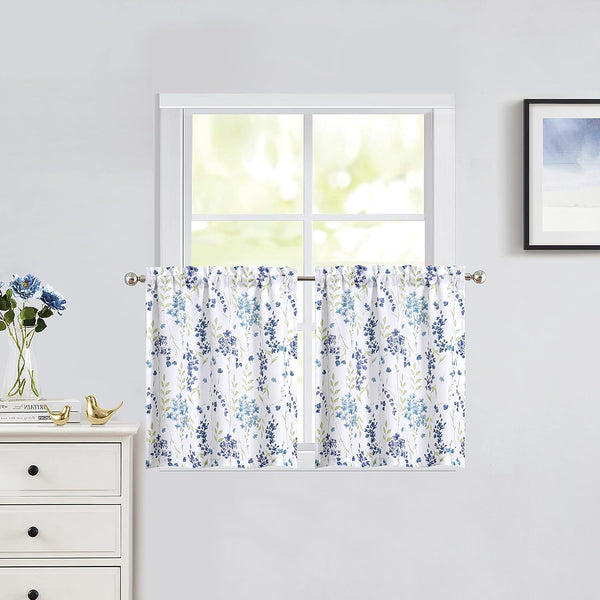 Blue Floral Print Tier Kitchen Curtains, 24 Inches Long, Watercolor Cafe Curtains, Set of 2, 28" W x 24" L