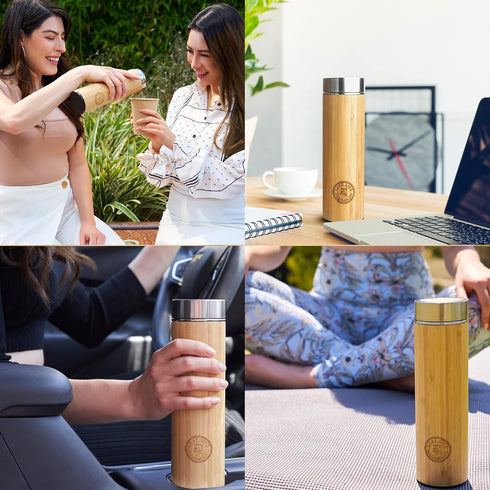LeafLife 17oz Premium Bamboo Tea Bottle - Insulated Tea Infuser Bottle - Loose Tea Gifts & Accessories