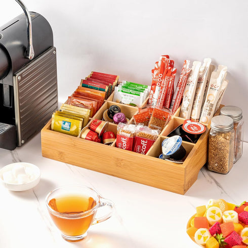 Tea Bag Organizer - Bamboo Tea Storage Organizer With 12 Compartments, Tea Organizer for Tea Bags Natural Bamboo for Countertop Office Kitchen Cabinet Pantry