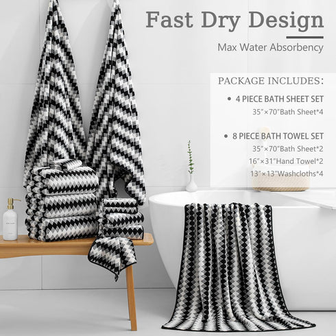 8 Set White|2 Sheet,2 Towels,4 600GSM Set Piece Bathroom Towel Black Oversized Large Bath Towels Hand Washcloths| Soft