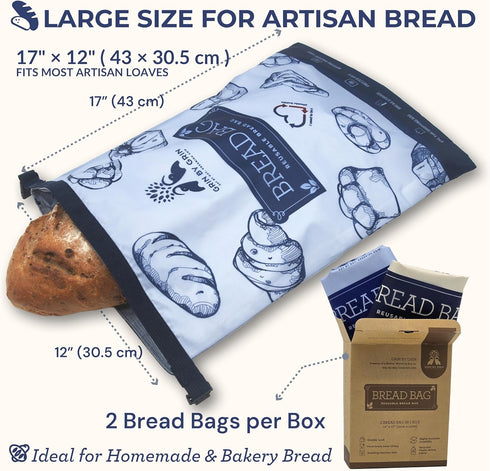 2 Pack GRIN BY GRIN- Bread Bags Reusable Zipper Bags for Homemade Bread Sourdough Extra Large Freezer Storage