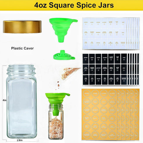 24Pcs Lids-4 oz Set (24) Glass Spice Jars with Label, Spice Jars with Shaker Gold Spice Seasoning Jars Bottles