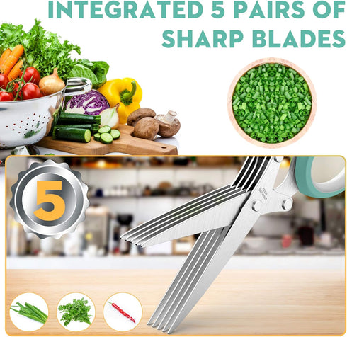 Updated 2025 Herb Scissors Set - Herb Cutter Shears with 5 Blades, Sharp Anti-rust Stainless Steel, Blue-White