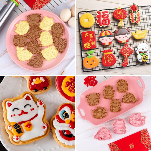 Crethinkaty 6pcs Chinese New Year Cookie Cutters - 3D Biscuit Mold Fondant Molds for Chinese New Year Bakeware