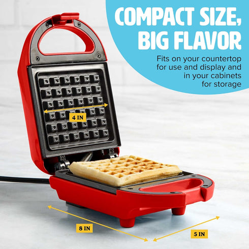 Tasty Mini Nonstick Waffle Maker, Perfect for Individual Waffles, Quick Results, 600W Red