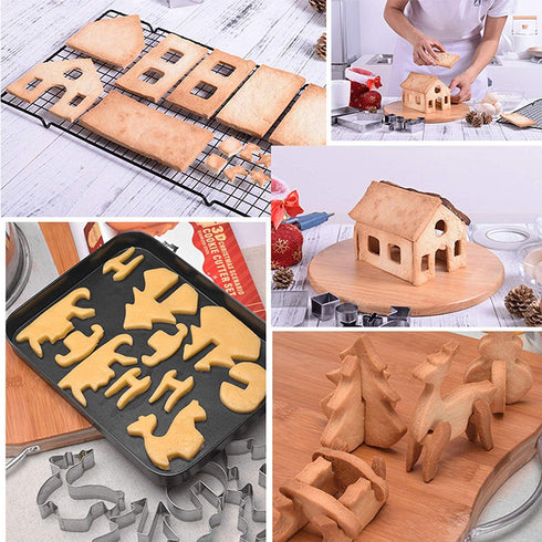 Gingerbread House Cookie Cutter Set, 3D Stainless Steel Biscuit Cutter Mold Including Christmas Tree, Snowman,