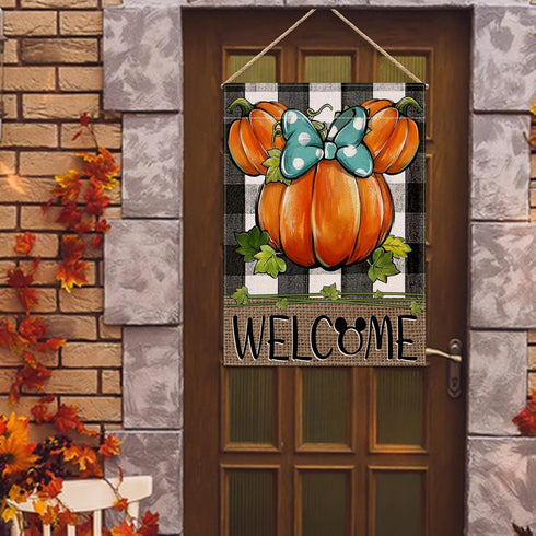 Welcome Fall Pumpkin Decorative House Flag, Autumn Thanksgiving Buffalo Plaid Check Garden Yard Decor