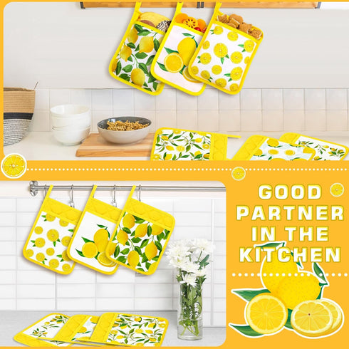 6 Pcs Pot Holders for Kitchen Heat Resistant Yellow Lemon Design Pot Holders with Hand Pockets and Hanging Loops Cotton