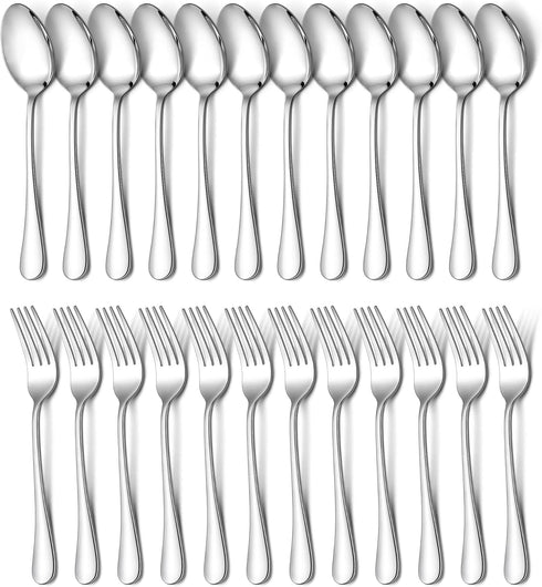 E-far 24-Piece Dinner Forks and Spoons Set, Stainless Steel Flatware for Home Kitchen, Mirror Finish, Dishwasher Safe