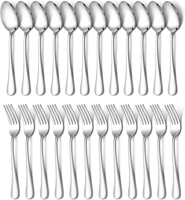 E-far 24-Piece Dinner Forks and Spoons Set, Stainless Steel Flatware for Home Kitchen, Mirror Finish, Dishwasher Safe