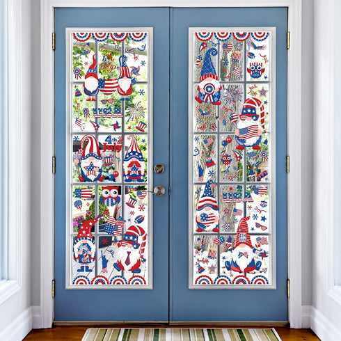 138Pcs Patriotic Window Clings, 4th of July Gnome American Flag Firework Decals, Red Blue Star Stripe Double-Sided PVC