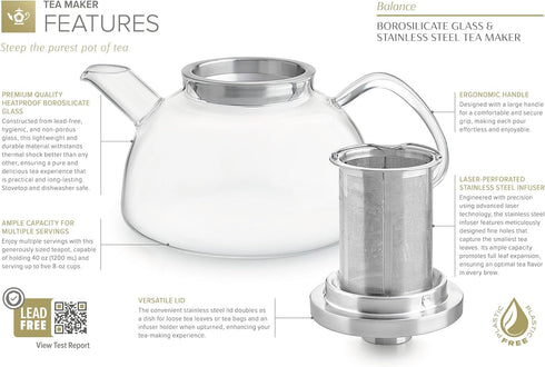 40oz Teabloom Balance Borosilicate Glass Tea Kettle & Teapot Stovetop-Safe, Deep Loose Tea Infuser for Hot & Iced Tea